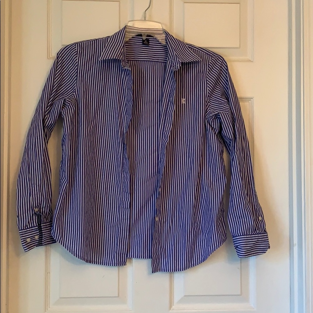 blue and white stripped button up